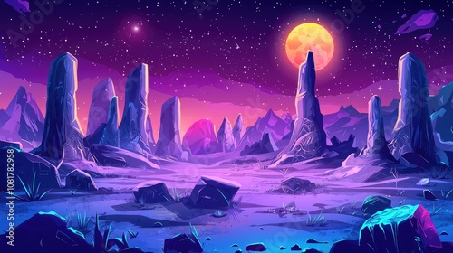 A Purple and Blue Alien Landscape with Tall Rocks Under a Bright Moon and Starry Sky photo