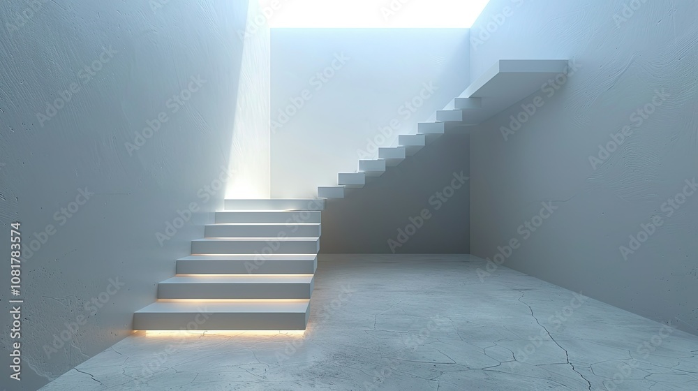 Fototapeta premium Floating staircase in a minimalist white interior