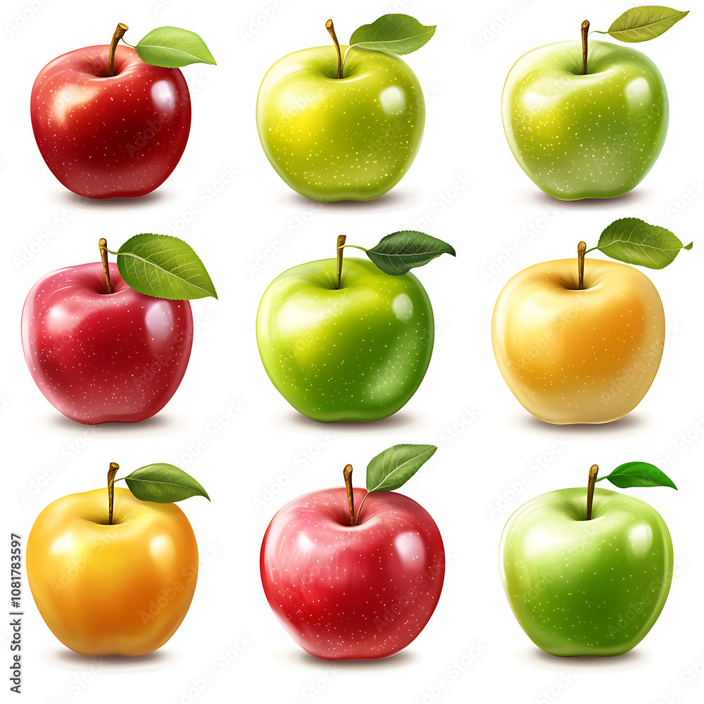A vibrant display of assorted apples arranged in a grid, showcasing various colors, types, and textures in a bright setting A vibrant display of assorted apples arranged in a grid, showcasing various colors, types, and textures in a bright setting