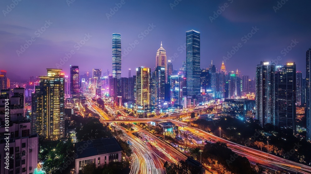 Nighttime View of a Modern City with Illuminated Skyscrapers and Traffic Nighttime View of a Modern City with Illuminated Skyscrapers and Traffic