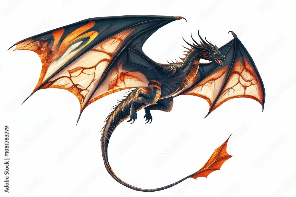 Naklejka premium Black dragon with orange wings flying.