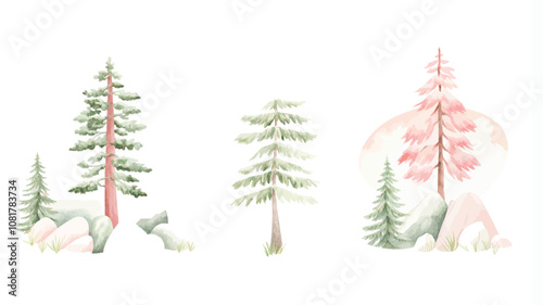 Set of watercolor pine trees on white background. Vector illustration.