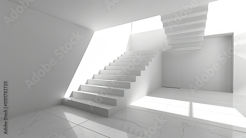 Floating staircase in a minimalist white interior