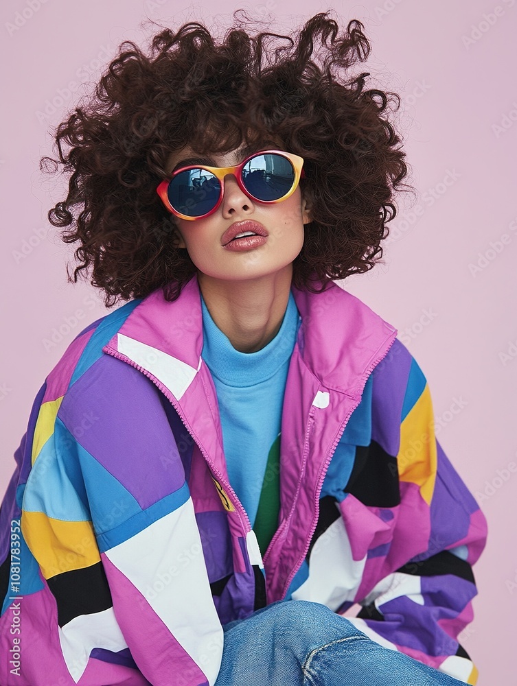 A beautiful woman in a colorful windbreaker jacket, white sunglasses, and blue jeans poses on a pink background. A beautiful woman in a colorful windbreaker jacket, white sunglasses, and blue jeans poses on a pink background.