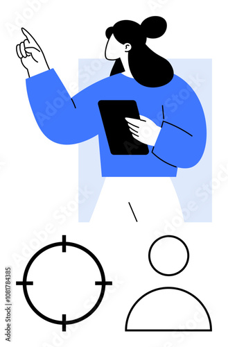 Woman holding tablet, pointing upward with a determined expression. Below are target and user icons. Ideal for business strategy, goal setting, user engagement, technology, presentations