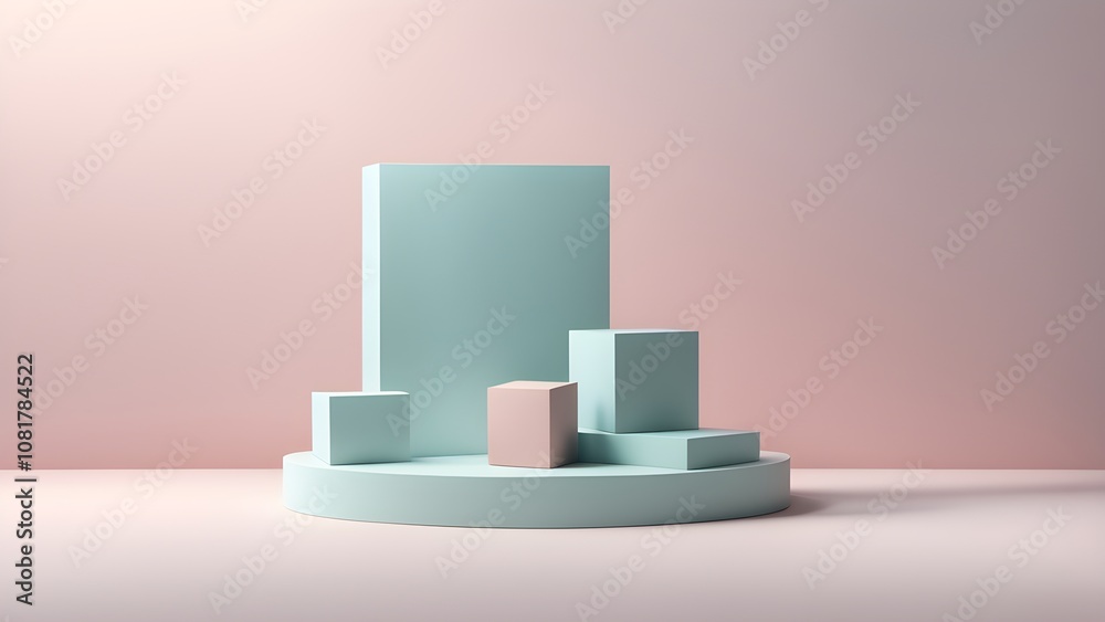 Minimalist product display with pastel pink and blue geometric shapes against a pink background.