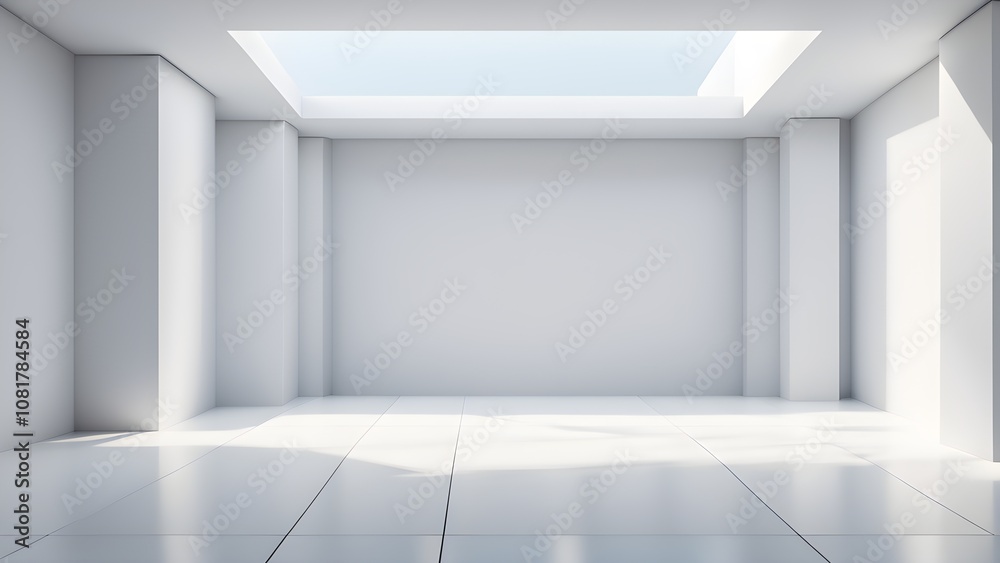 Minimalist empty white room with a skylight and tiled floor. Minimalist empty white room with a skylight and tiled floor.