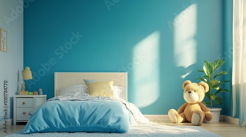 A childrens bedroom with a cozy bed against a blue wall