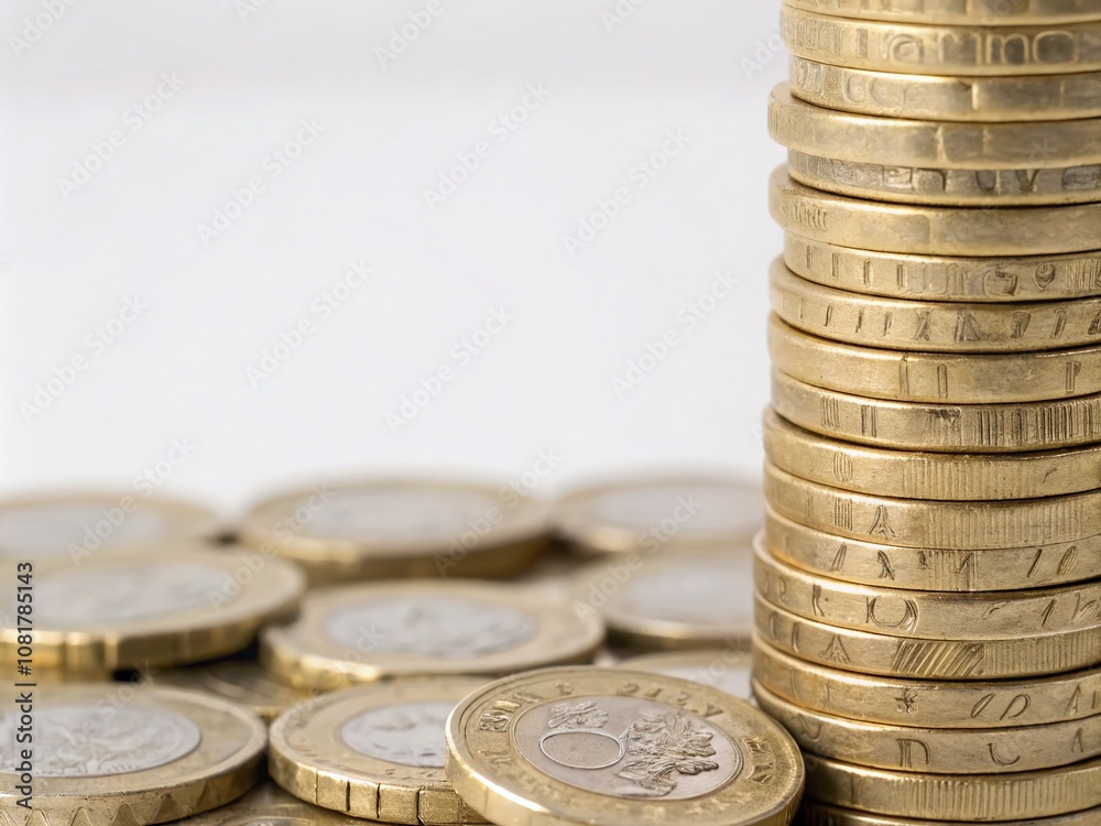 Abundance of British Pound Coins Stacked Neatly with Ample Copy Space for Financial Themes and Concepts Abundance of British Pound Coins Stacked Neatly with Ample Copy Space for Financial Themes and Concepts