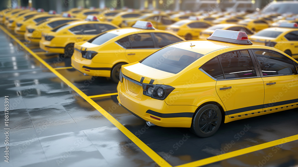 Taxi car Queue yellow taxi symbol on roof stand waiting at parking of airport terminal or railway station Taxi car Queue yellow taxi symbol on roof stand waiting at parking of airport terminal or railway station
