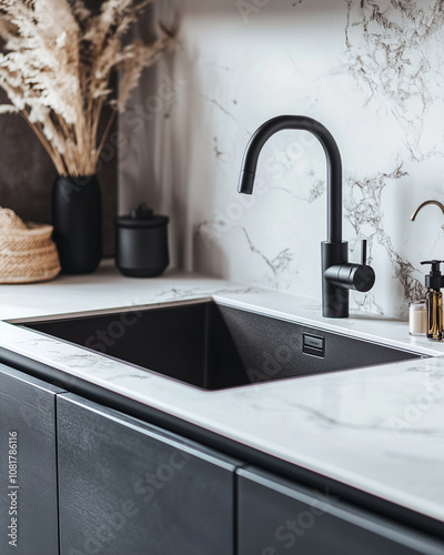 A sleek and stylish kitchen sink with a matte black faucet, set against a backdrop of marble countertops and dark cabinetry.