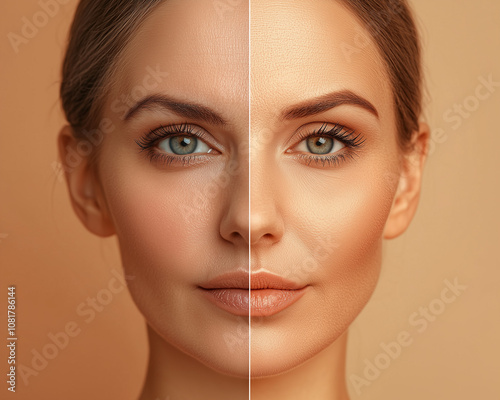 Split-face comparison of a mature woman, highlighting the effects of skincare and cosmetic treatments.