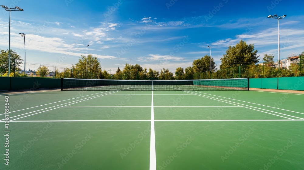 Fototapeta premium A large outdoor tennis court with a freshly painted surface, white net in the center, and green surroundings