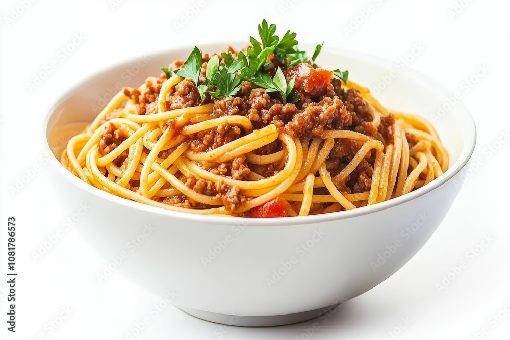 Spaghetti with meat sauce and parsley in a bowl. Spaghetti with meat sauce and parsley in a bowl.