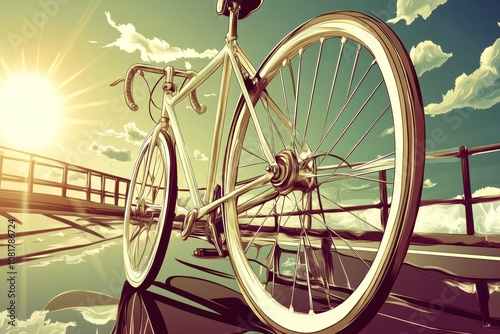 A white bicycle is parked on a wooden bridge with a sunset in the background. photo