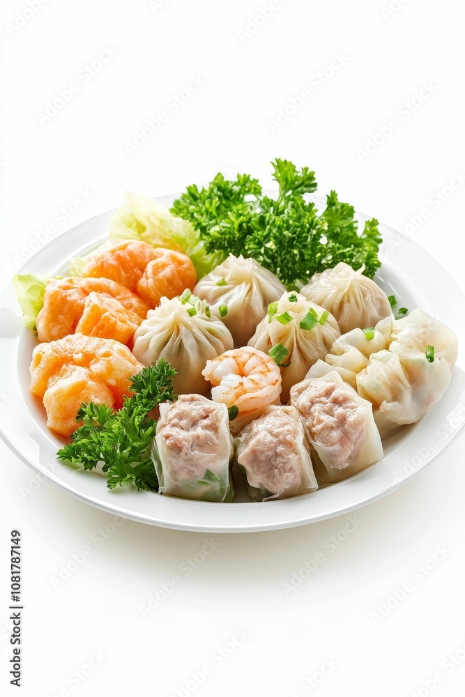 Assorted dumplings on a white plate. Assorted dumplings on a white plate.