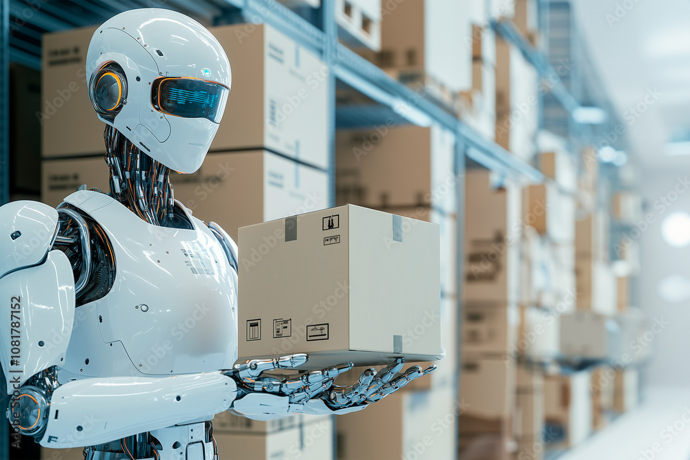 robot with a box in his hands against the background of stacks of boxes ...