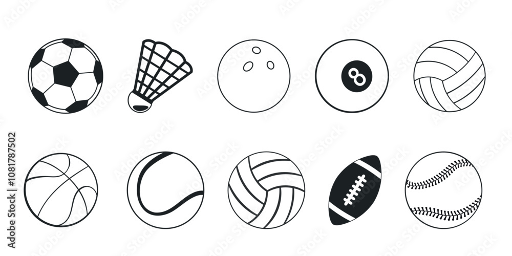 Monochrome Icons Set of Different Sport Balls Monochrome Icons Set of Different Sport Balls