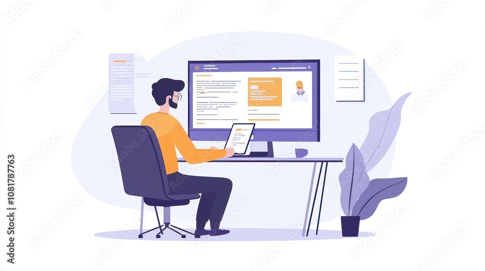 Man Working at a Computer Desk with Documents and a Plant Man Working at a Computer Desk with Documents and a Plant