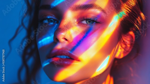 A fashion shoot featuring a young woman with neon lights casting vibrant colors on her face, perfect for modern neon photography