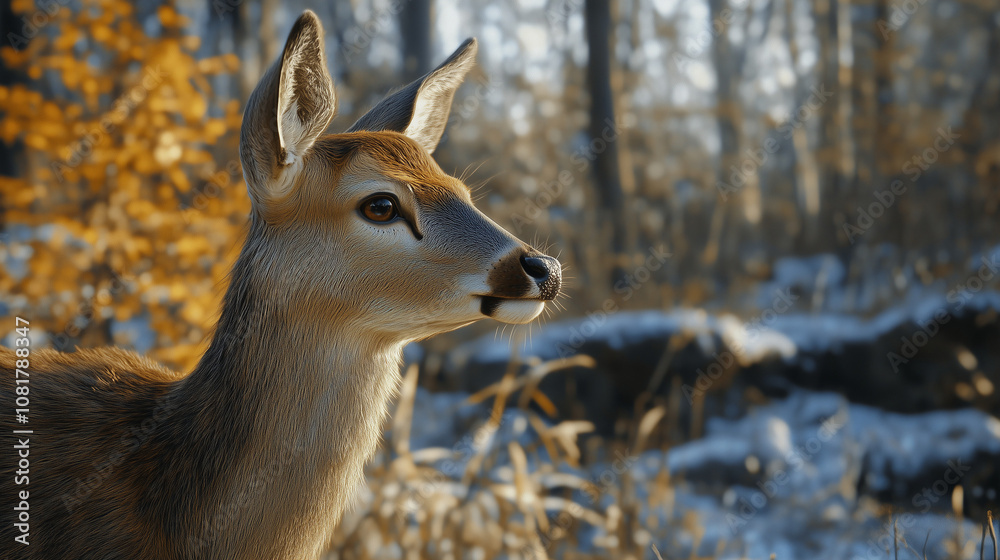 Close-up of a young deer in a snowy forest at dawn.
