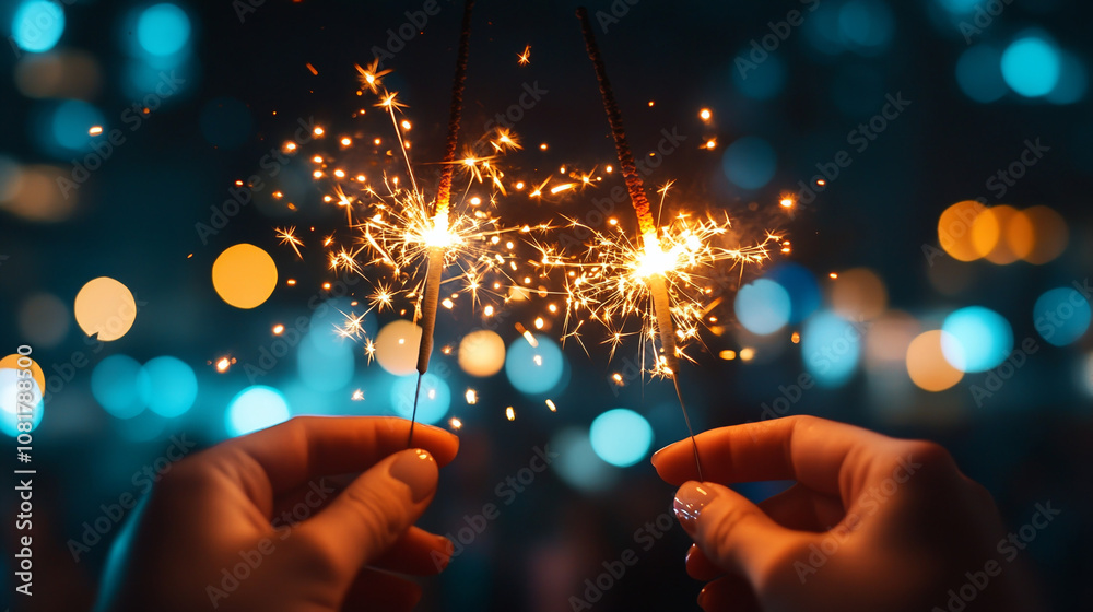 Two sparklers radiate against a vibrant bokeh backdrop. Perfect for celebrating holidays, fireworks displays, or festive occasions with light effects. AI Generated Two sparklers radiate against a vibrant bokeh backdrop. Perfect for celebrating holidays, fireworks displays, or festive occasions with light effects. AI Generated