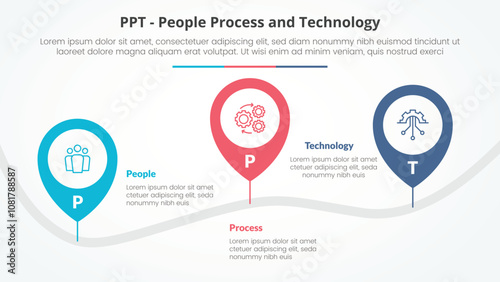 PPT framework infographic concept for slide presentation with pin tagging location road up and down with 3 point list with flat style