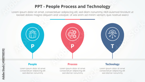 PPT framework infographic concept for slide presentation with pin tagging location timeline horizontal with 3 point list with flat style