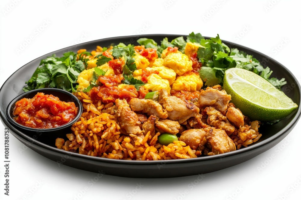 Fototapeta premium Chicken, rice, and vegetables in a black bowl.