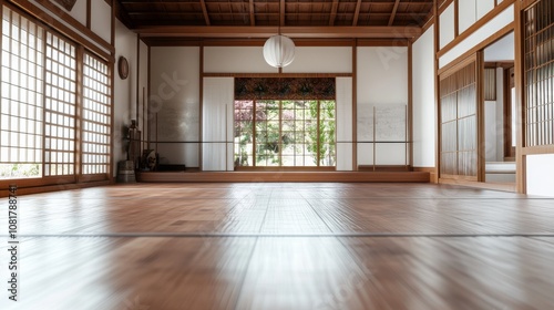 A martial arts dojo with wooden floor mats, indoor setting with punching bags, Disciplined style