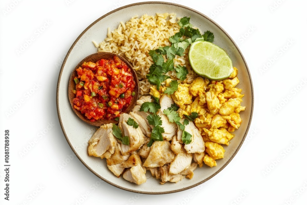 Chicken, rice, eggs, salsa, cilantro, lime. Chicken, rice, eggs, salsa, cilantro, lime.