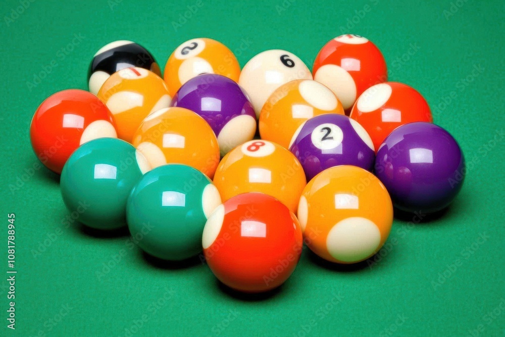 A collection of billiard balls arranged on a green felt pool table. A collection of billiard balls arranged on a green felt pool table.