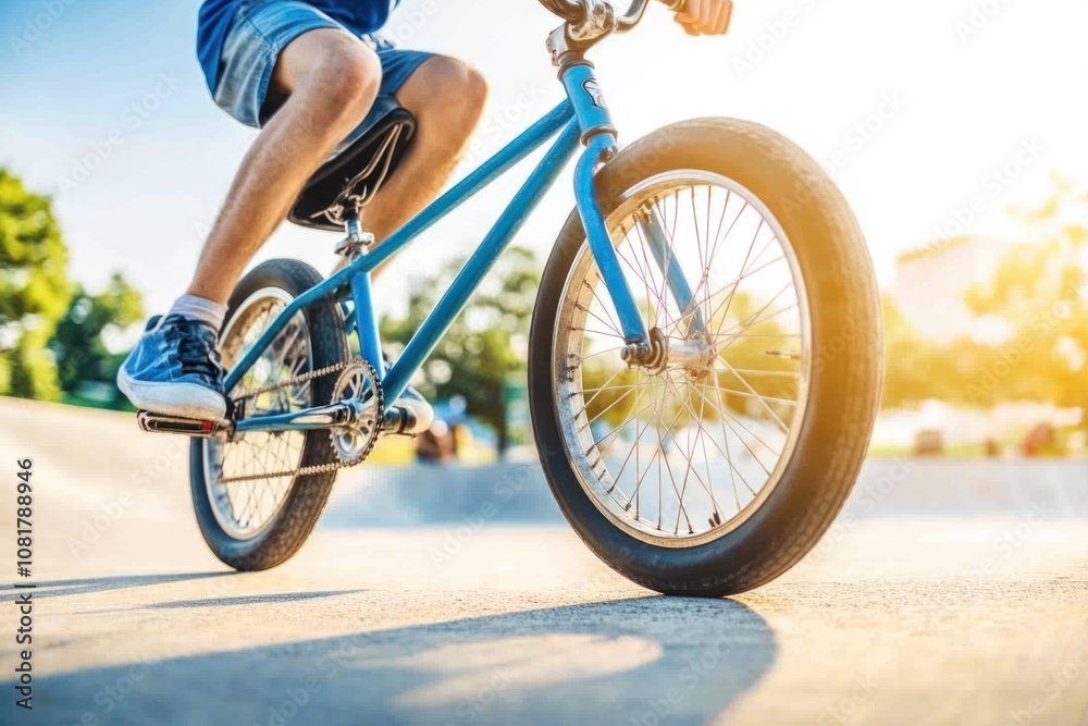 Fototapeta premium Close-up of a young boy's legs and feet as he rides a blue BMX bike on a ramp in a skate park.