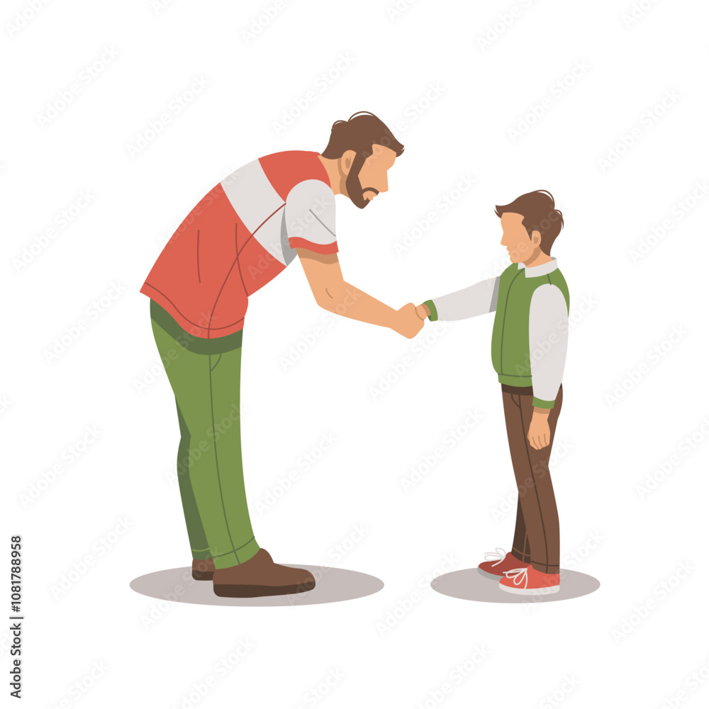 portrait of man bends down shaking hands with boy flat design portrait of man bends down shaking hands with boy flat design