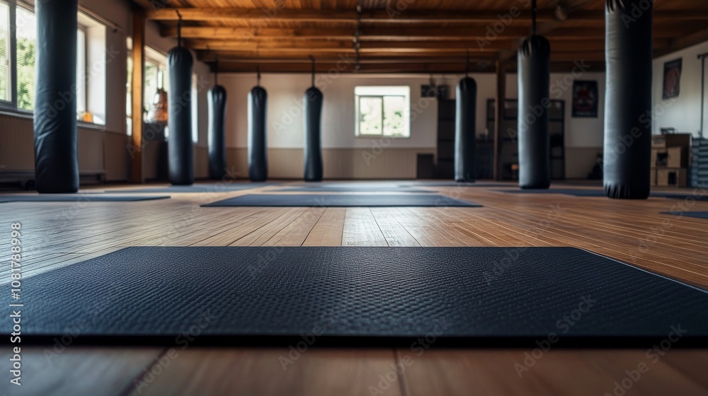 A martial arts dojo with wooden floor, indoor setting with traditional decor, Minimalist style A martial arts dojo with wooden floor, indoor setting with traditional decor, Minimalist style