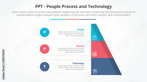 PPT framework infographic concept for slide presentation with half slice pyramid with circle point with 3 point list with flat style