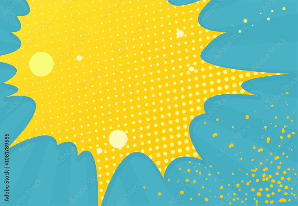 Vector pop art comic style background design. Cartoon flat style background or banner in blue and yellow with halftones. Vector pop art comic style background design. Cartoon flat style background or banner in blue and yellow with halftones.
