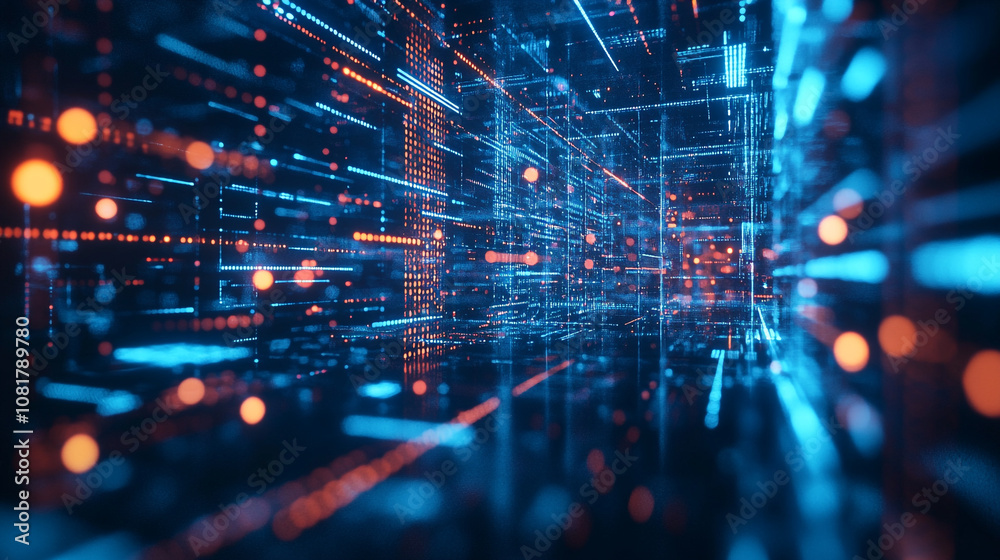 Vibrant abstract digital landscape displaying bright blue and orange lights in a futuristic setting Vibrant abstract digital landscape displaying bright blue and orange lights in a futuristic setting