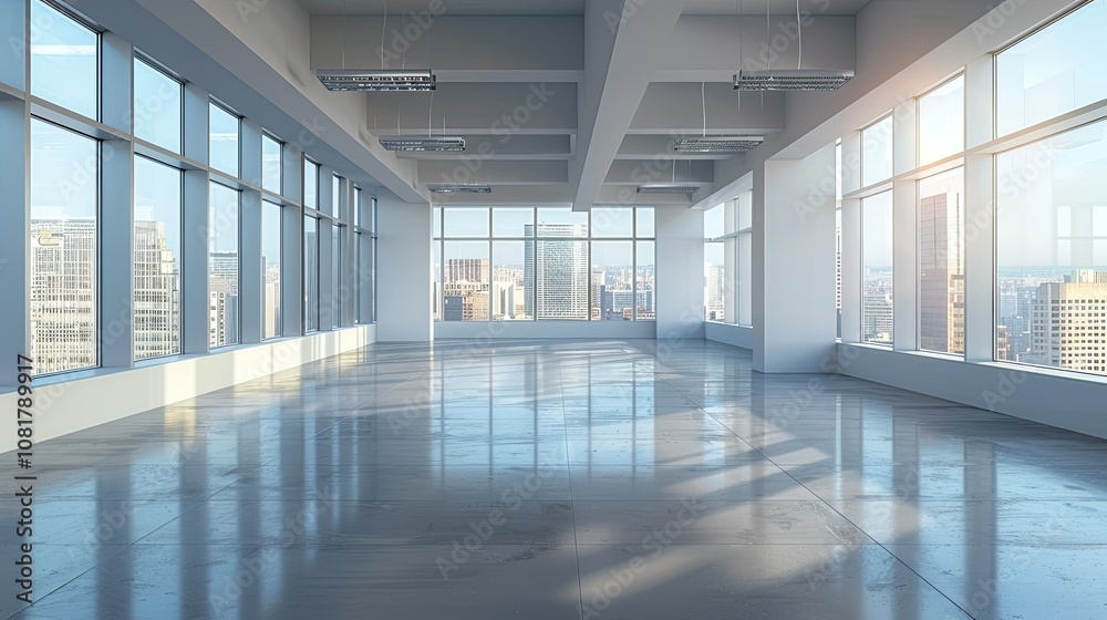 Empty office space with a minimalist design and large windows Empty office space with a minimalist design and large windows