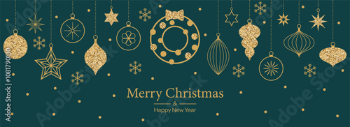 Merry Christmas template background with gold geometric minimalist elements and icons on dark green. Abstract trendy banner with vintage tree decorations in simple flat design. Vector illustration. photo