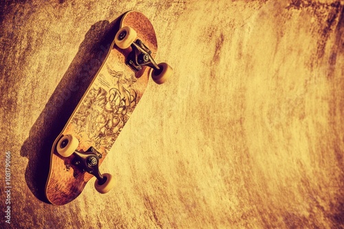 A skateboard resting against a textured wall, highlighting urban leisure and sports culture. photo