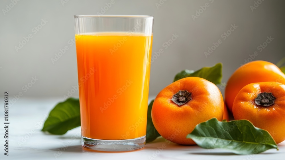 A fresh persimmon juice scene featuring a glass of juice and vibrant orange persimmons, arranged with green leaves on a white surface A fresh persimmon juice scene featuring a glass of juice and vibrant orange persimmons, arranged with green leaves on a white surface