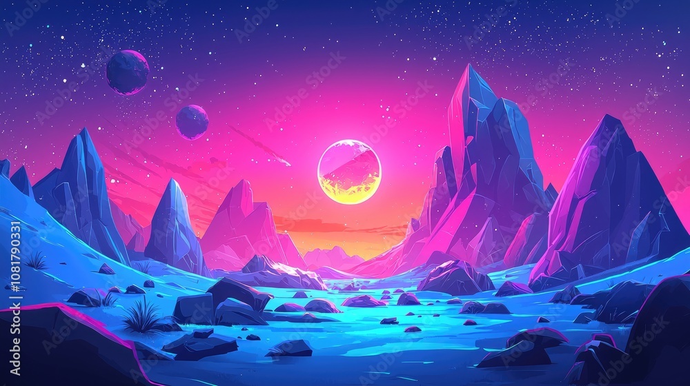 Fototapeta premium A Vibrant, Fantasy Landscape with a Blue Lake, Pink Sky, and Stars