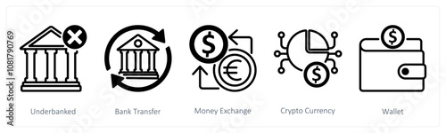 A set of 5 blockchain icons as underbanked, bank transfer, money exchange