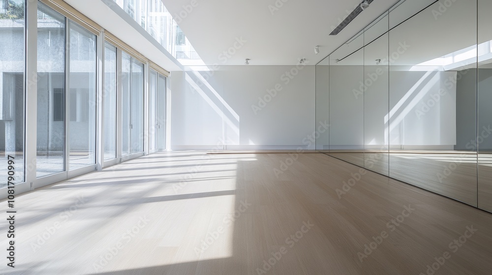 A modern dance studio with wooden floors and mirrored walls, well-lit with natural sunlight streaming in, Minimalist style A modern dance studio with wooden floors and mirrored walls, well-lit with natural sunlight streaming in, Minimalist style