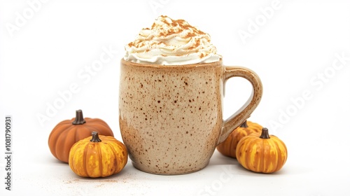 4.A seasonal pumpkin spice latte in a simple, rustic mug, overflowing with whipped cream and gently dusted with cinnamon powder. The latte is surrounded by small decorative pumpkins, creating a cozy