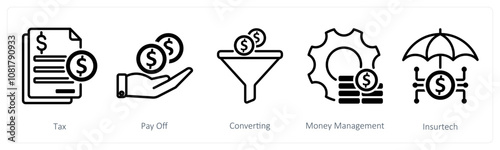 A set of 5 blockchain icons as tax, pay off, converting, money management