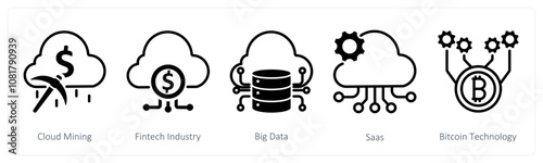 A set of 5 blockchain icons as cloud mining, fintech industry, big data