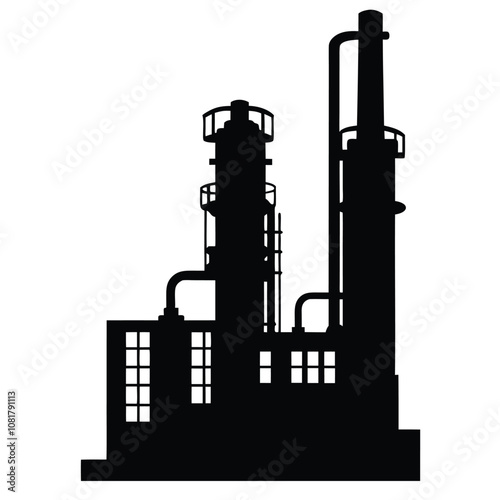 A large industrial plant with a tall smokestack. The plant is black and white. The smokestack is tall and has a chimney