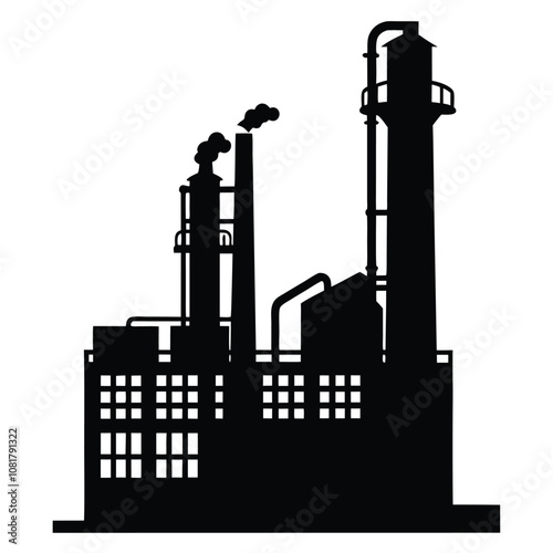 A large industrial plant with a tall smokestack. The plant is black and white. The smokestack is tall and has a chimney